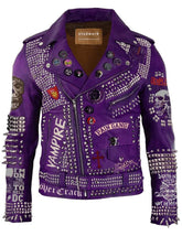 Purple Gothic Punk Jacket – Women’s Studded Leather with Lemmy, Vampira And Misfits Patches, Custom Heavy Metal Moto Fit